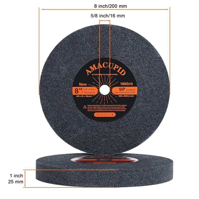 AmaCupid Deburring Wheels, Nylon Fiber Buffing Wheel 8 inch 9P Hardness. Polishing Stainless Steel, etc. Silicon Carbide Abrasive. for Bench Grinder Polishing Machine. 5/8 inch Arbor, 180 Grit - Image 3